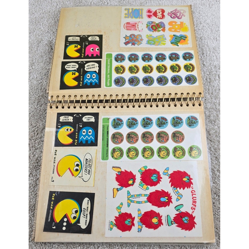Vintage Sticker Album Tan Pac-Man Scratch Sniff 80s Collection Burlap Spiral